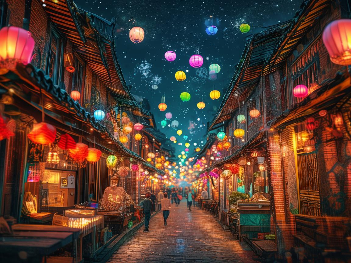 无人机点亮夜市街灯笼奇幻之旅