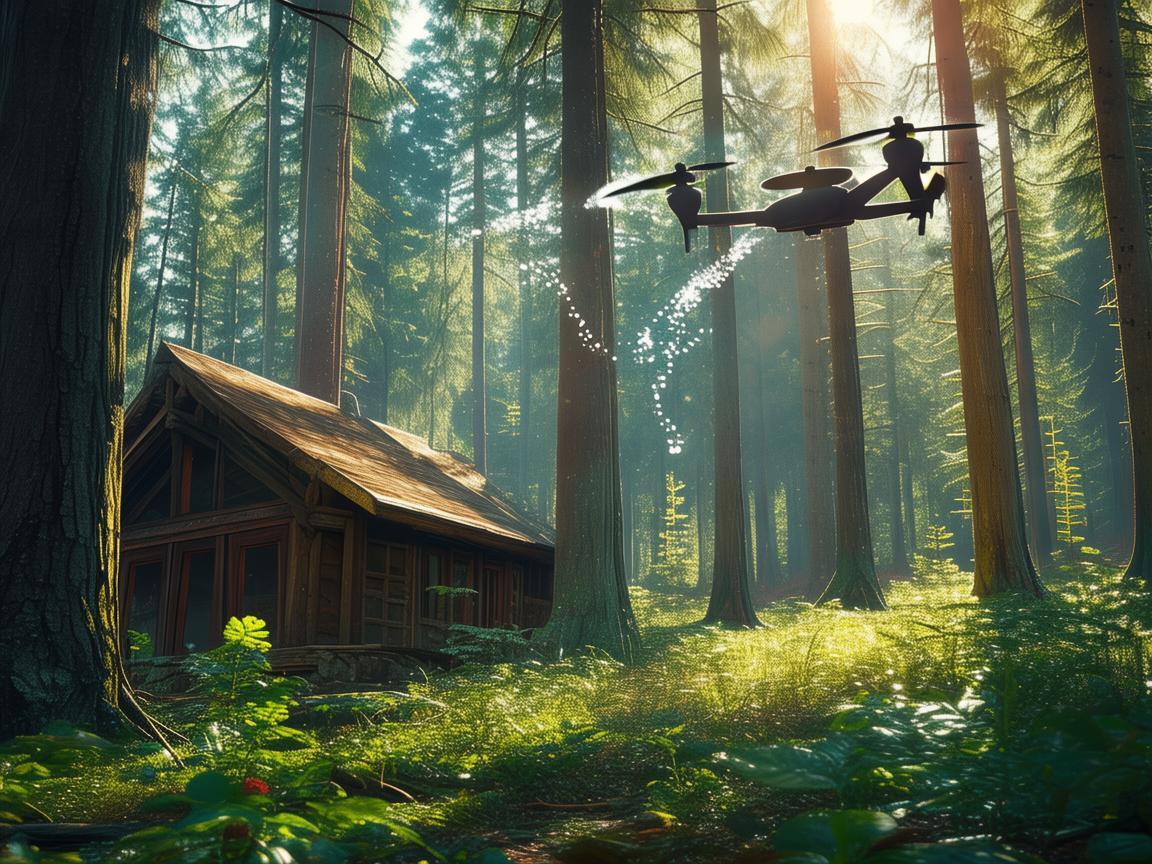 森林木屋上空的无人机飞行奥秘